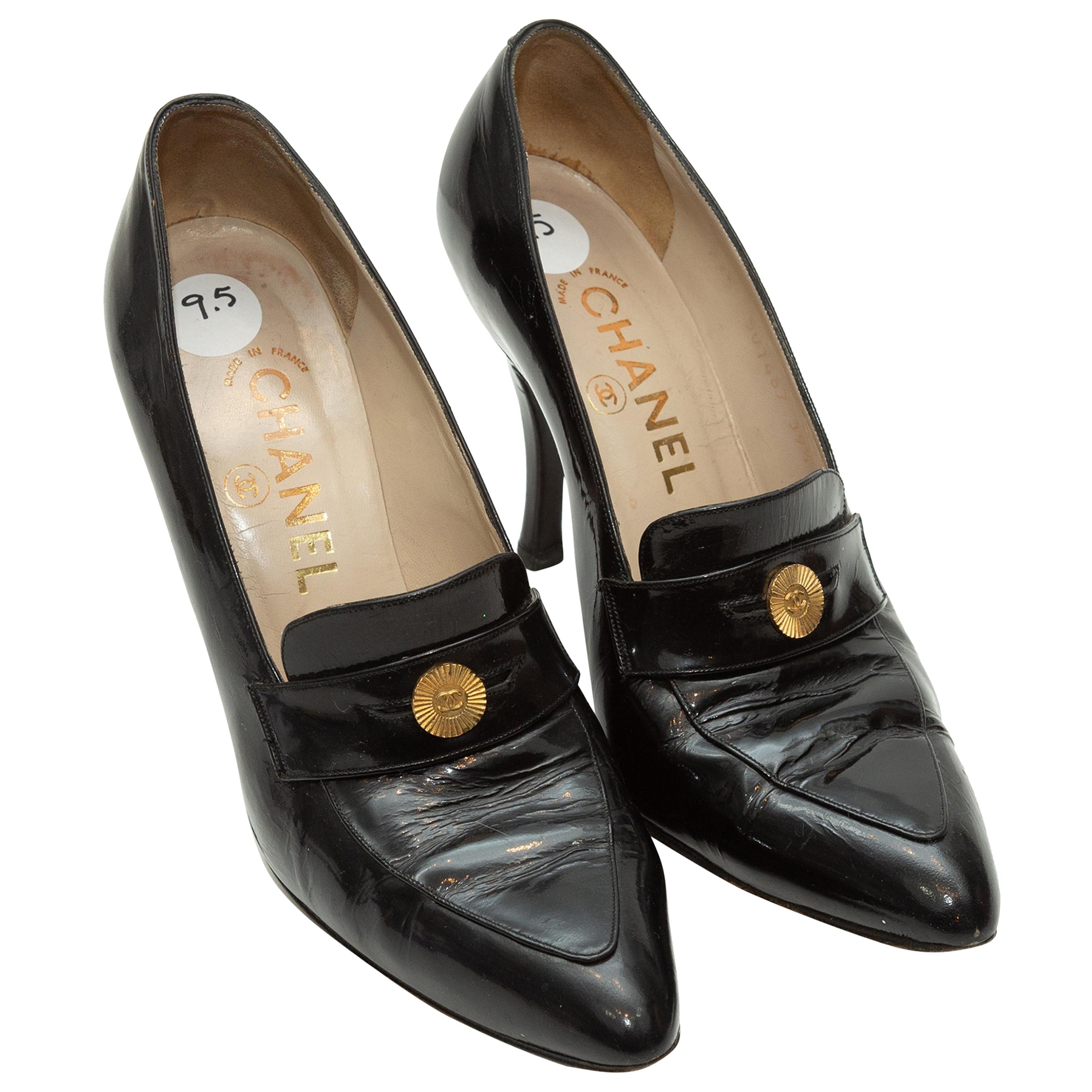 Chanel Black Pointed-Toe Heeled Penny Loafers at 1stDibs