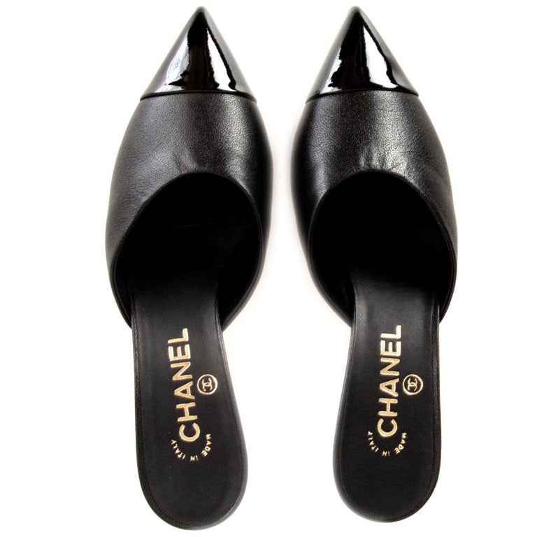 CHANEL black Pointed Toe PEARL KITTEn HEEL Mules Shoes 38.5 at 1stDibs