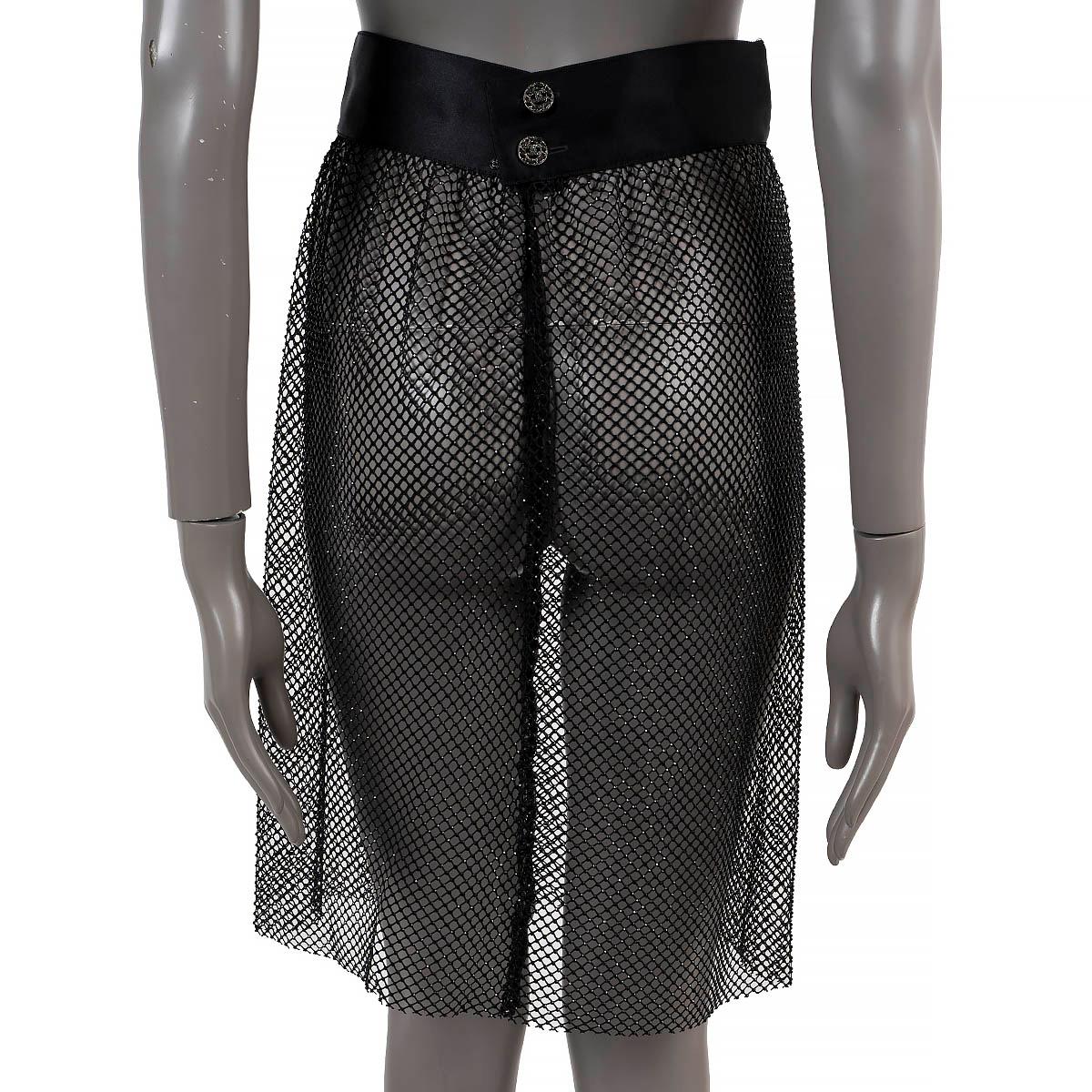 Women's CHANEL black polyamide 2022 22S CAMELLIA CRYSTAL FISHNET Skirt 36 XS