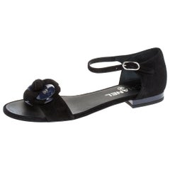 Chanel Black/Purple Suede And Patent CC Camellia Ankle Strap Flat Sandals 36.5