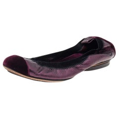 Used Chanel Black/Purple Velvet and Leather Scrunch CC Cap Toe Ballet Flats Size 34.5