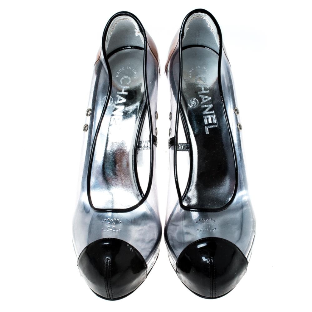 You are sure to love these amazing pumps from Chanel as they're well-built and utterly gorgeous! They've been crafted from PVC and patent leather, and designed with platforms, cap toes, 11 cm heels and leather insoles.

Includes: The Luxury Closet