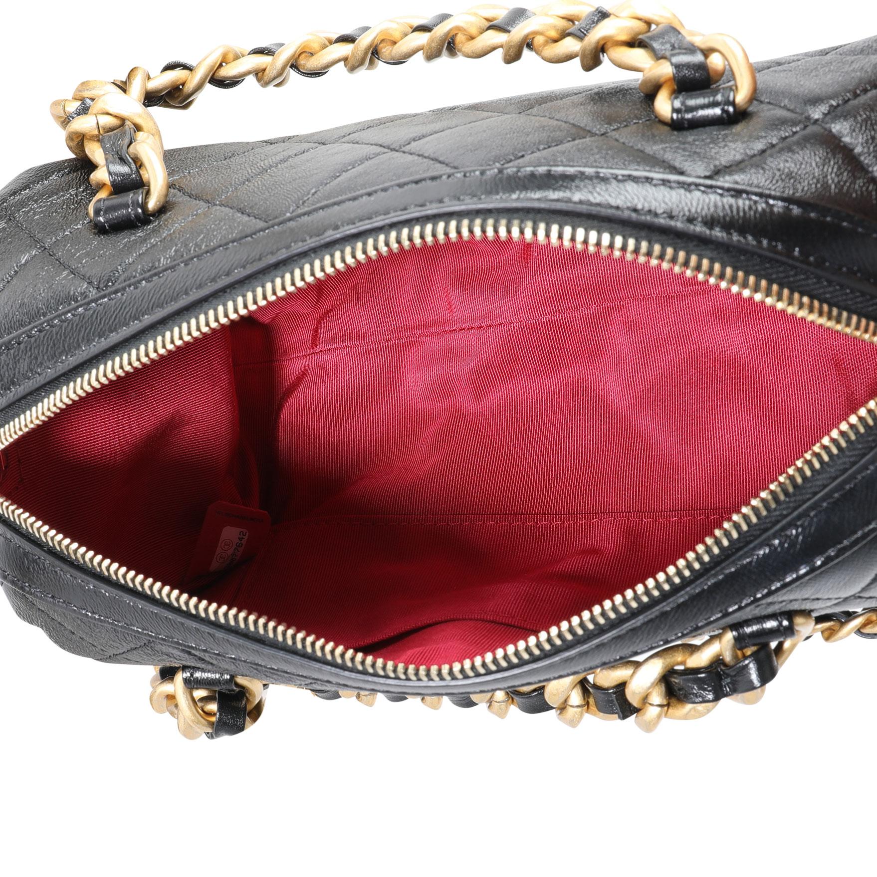 Chanel Black Quikted Shiny Lambskin Small Fashion Therapy Bowling Bag In Excellent Condition In New York, NY