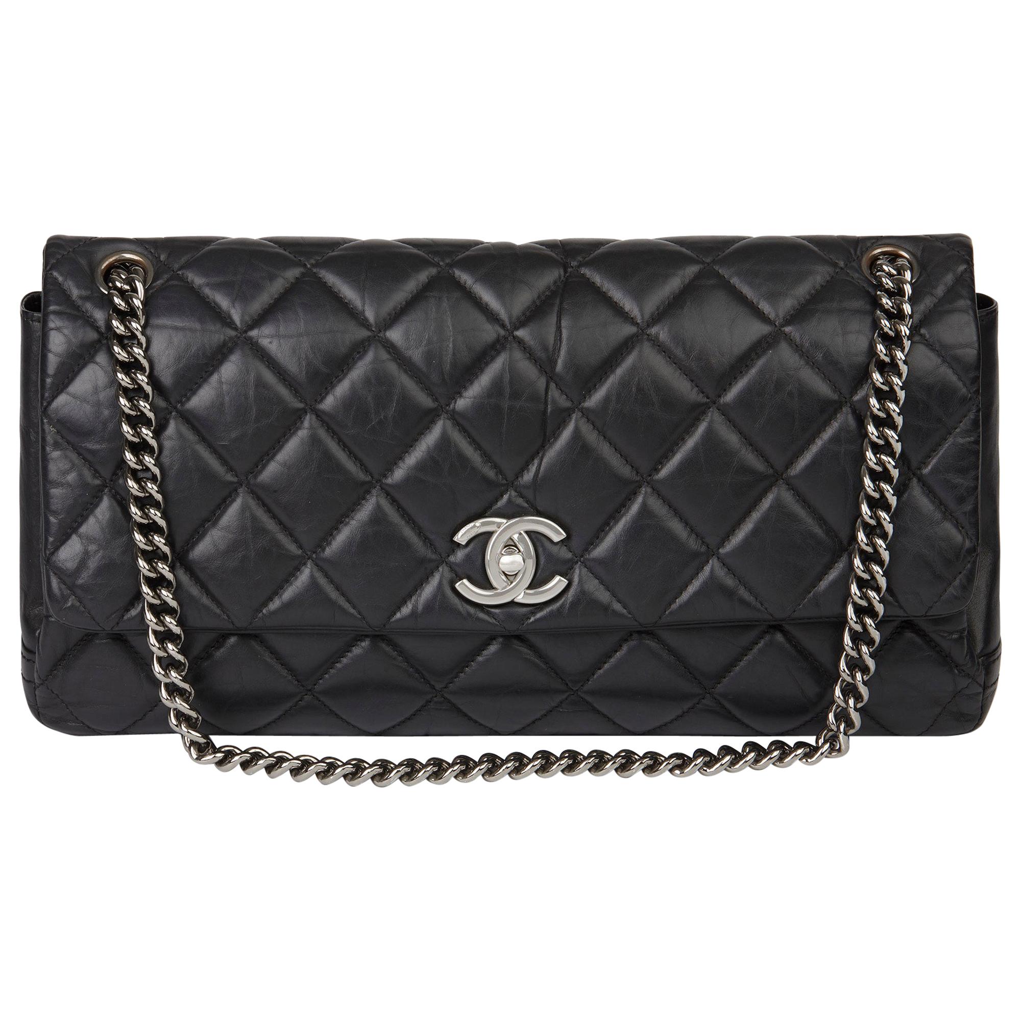 Chanel Black Quilted Aged Calfskin Leather Jumbo Lady Pearly Flap Bag