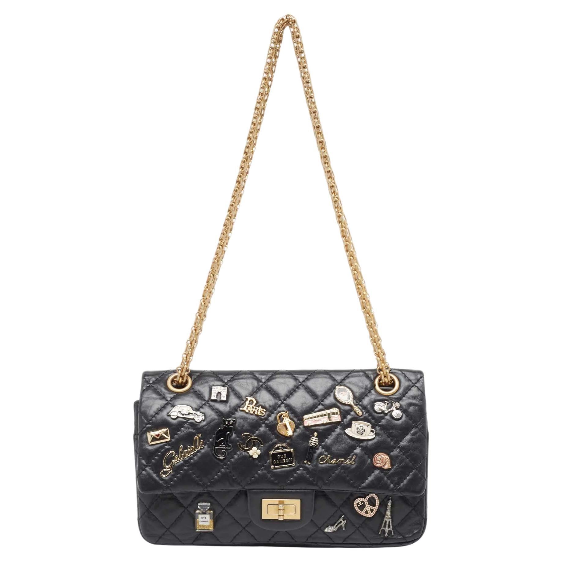 Chanel Black Quilted Aged Leather 225 Lucky Charm Reissue 2.55 Flap Bag For Sale