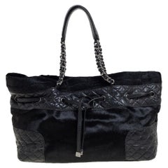 Chanel Black Quilted Aged Leather and Calfhair Drawstring Tote