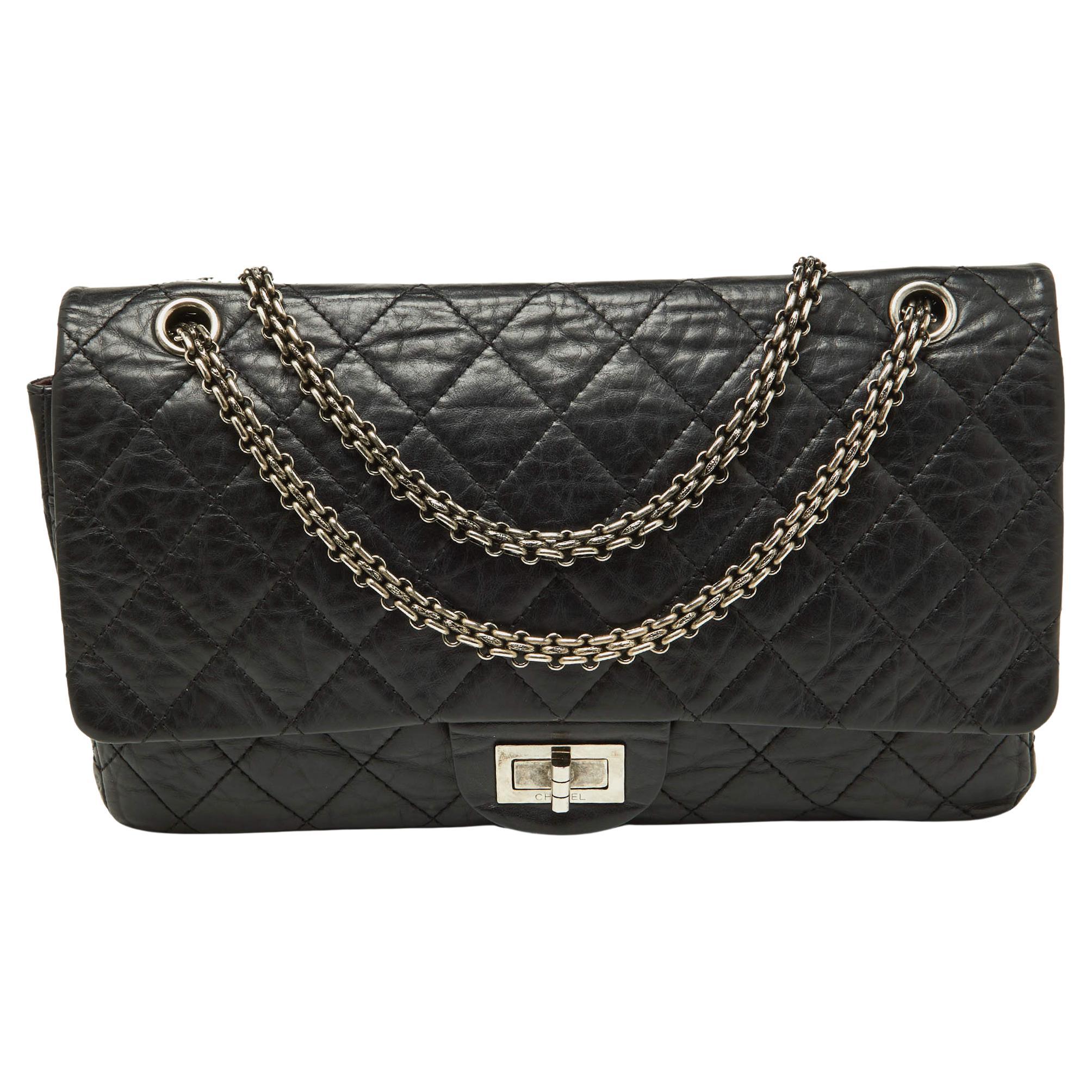 Chanel Black Quilted Aged Leather Reissue 2.55 Classic 227 Flap Bag For Sale