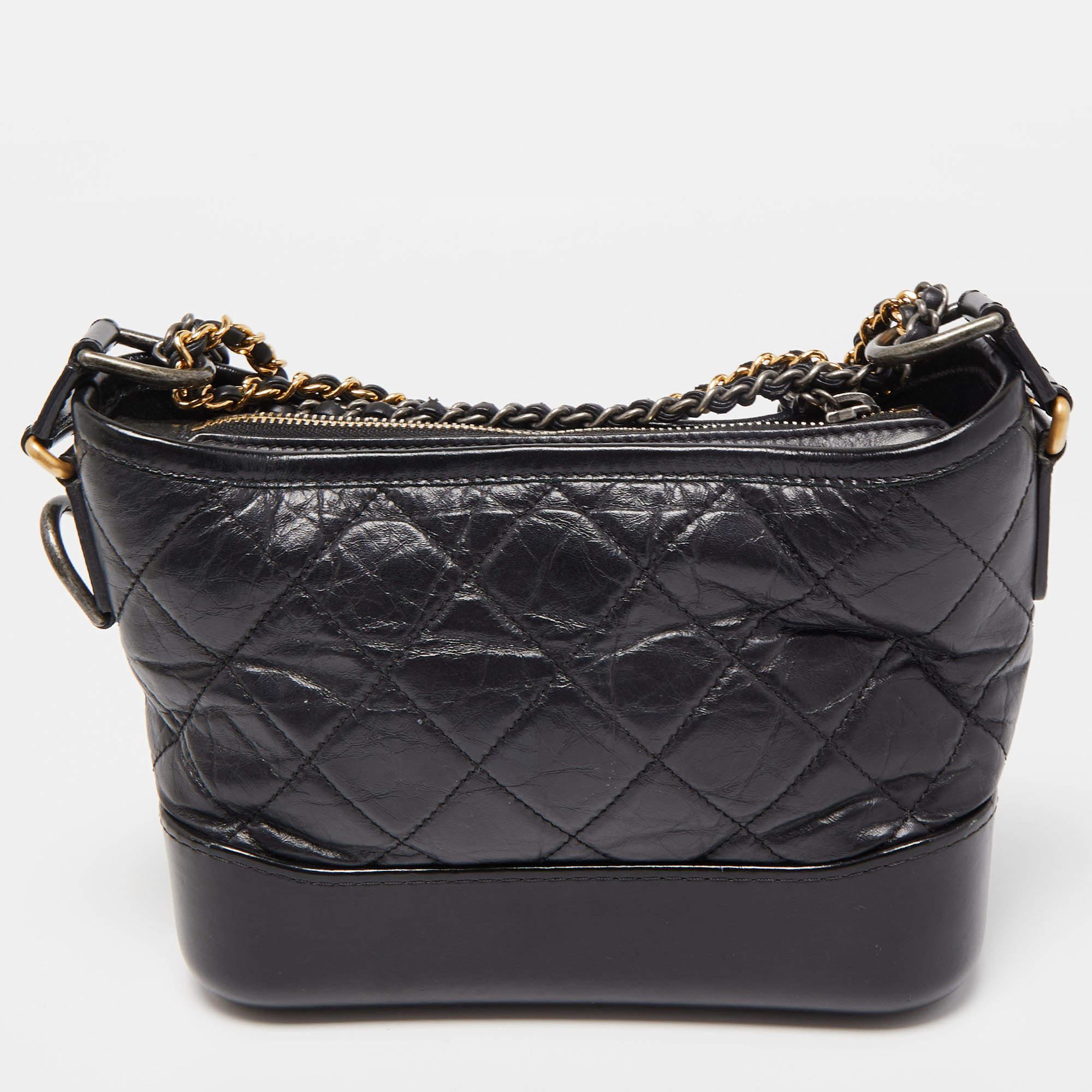 Chanel Black Quilted Aged Leather Small Gabrielle Hobo In Good Condition In Dubai, Al Qouz 2
