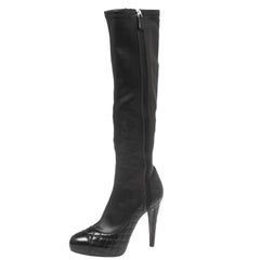 Used Chanel Black Quilted and Leather CC Cap-Toe Knee Length Boots Size 40.5