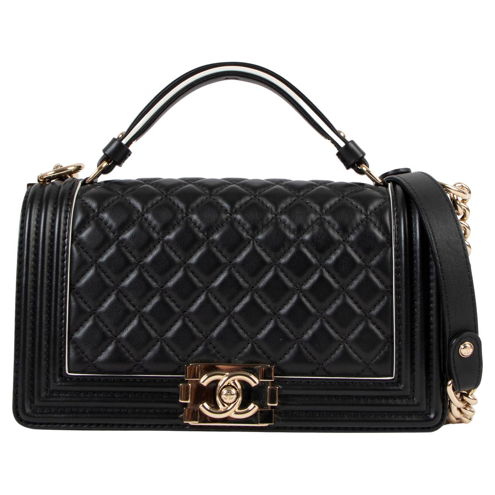 CHANEL Black Quilted Lambskin Leather Small Classic Top Handle