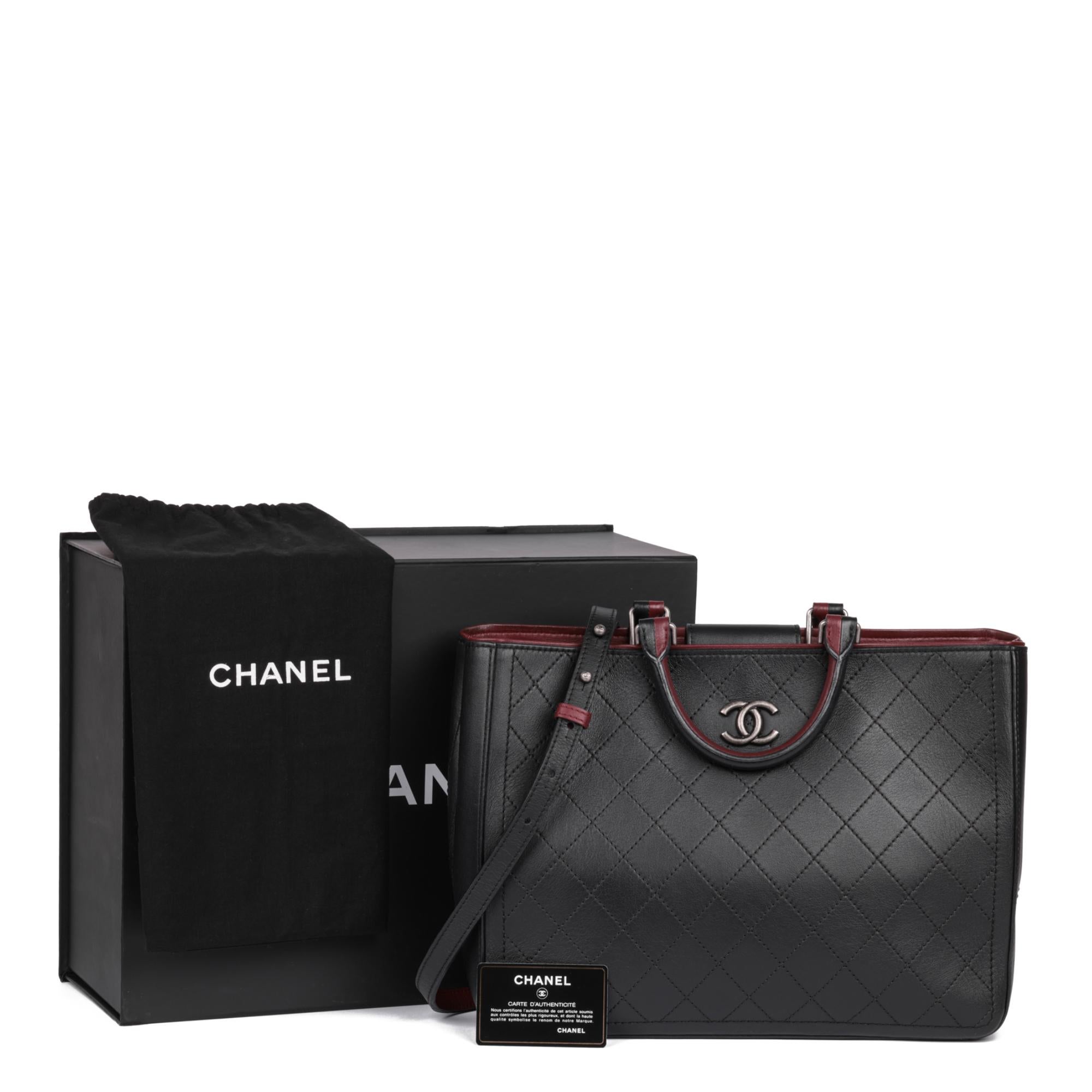 CHANEL Black Quilted Bullskin Leather & Burgundy Large Classic Shopping Tote 5