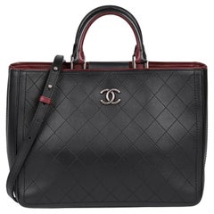 CHANEL Black Quilted Bullskin Leather & Burgundy Large Classic Shopping Tote