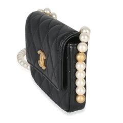 Chanel Black Quilted Calfskin About Pearls Card Holder With Chain