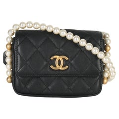 Chanel Black Quilted Calfskin About Pearls Card Holder With Chain