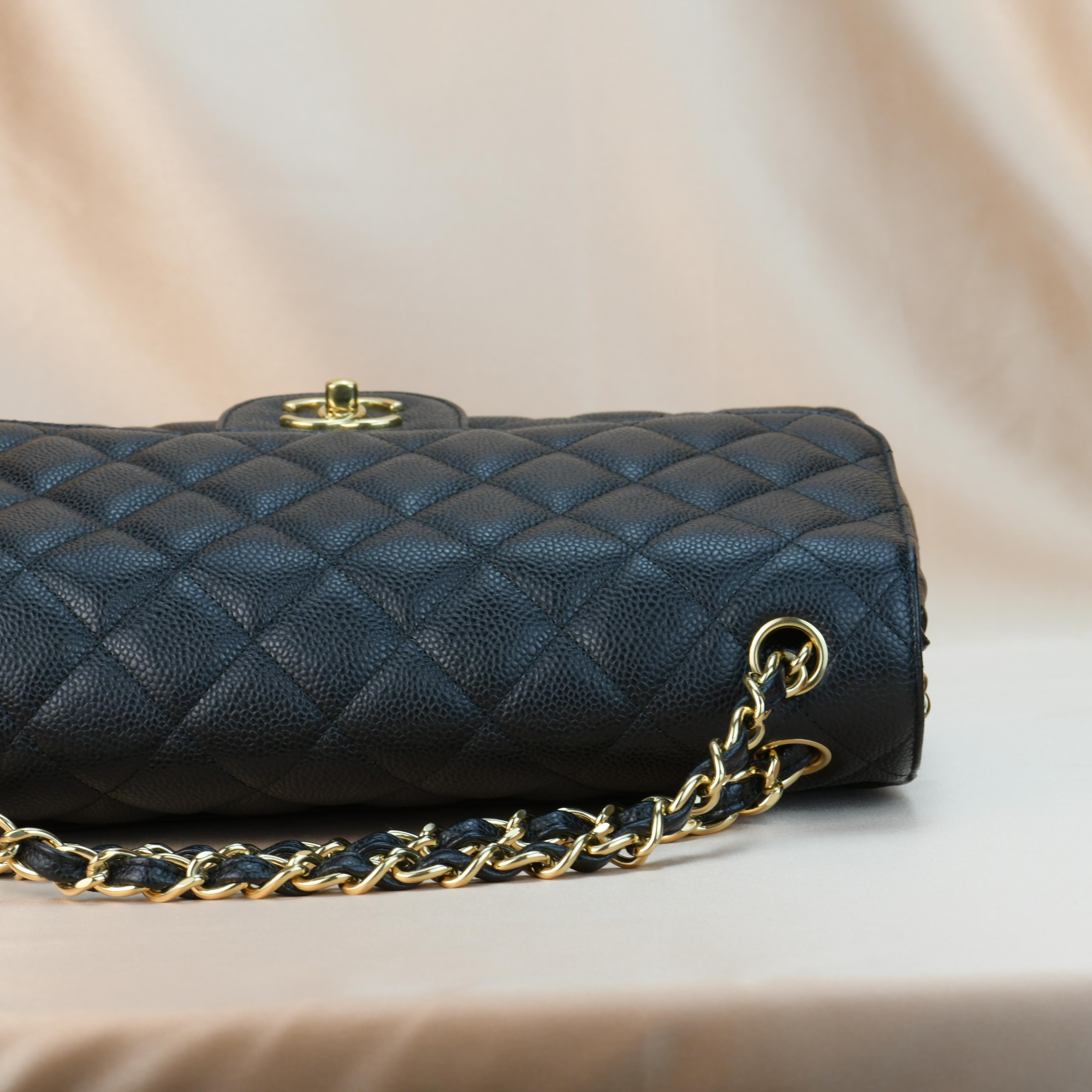 CHANEL Black Quilted Calfskin Caviar Timeless Classic Jumbo Double Flap Bag For Sale 2