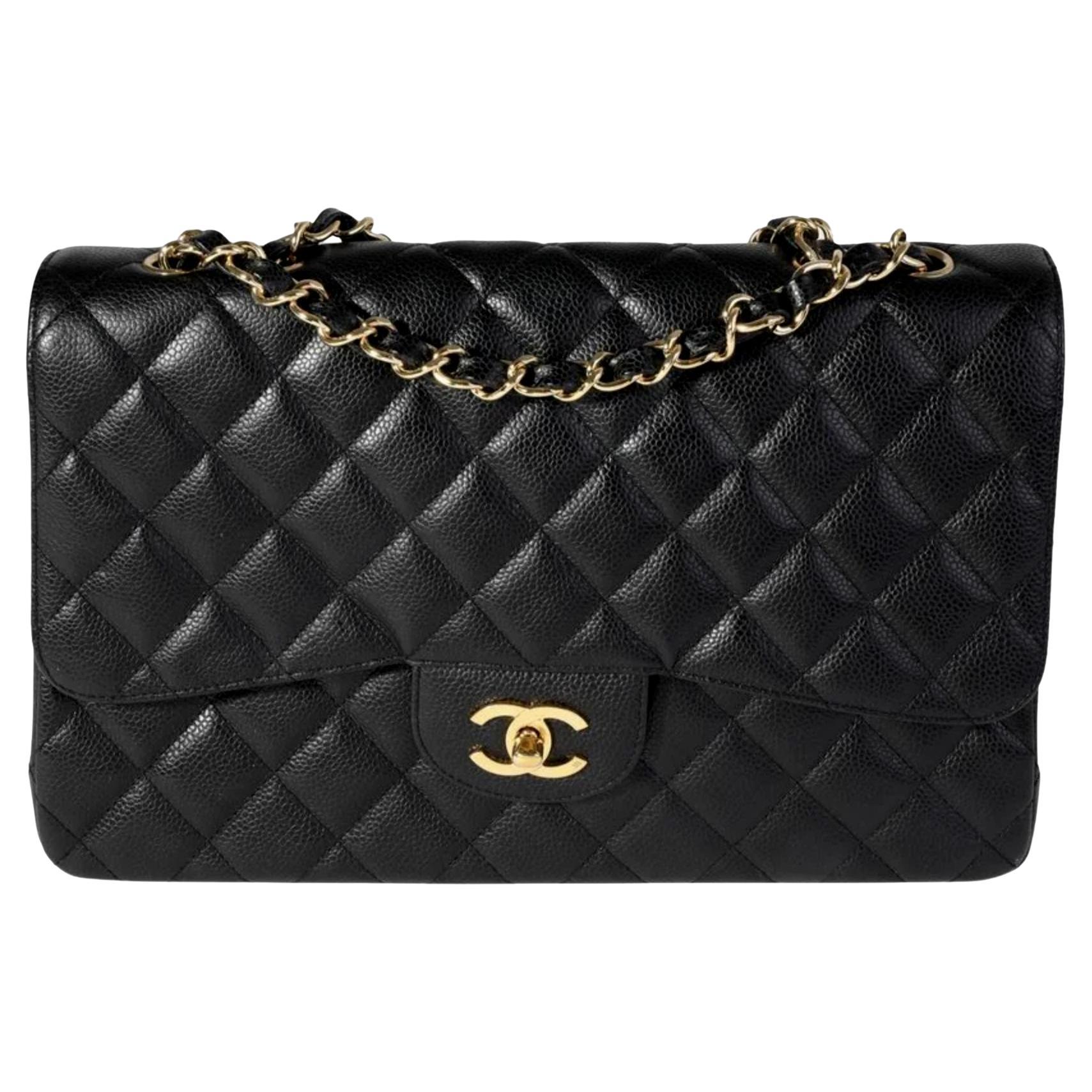 CHANEL Black Quilted Calfskin Caviar Timeless Classic Jumbo Double Flap Bag For Sale