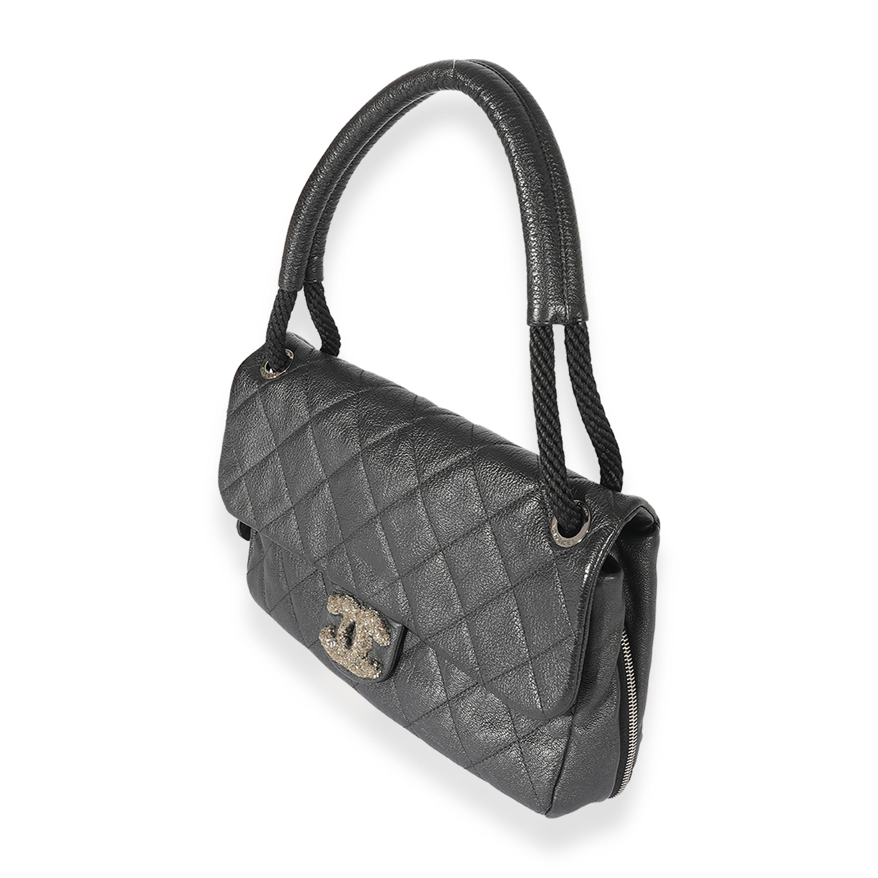 Women's Chanel Black Quilted Calfskin Encrusted CC Rope Flap Bag