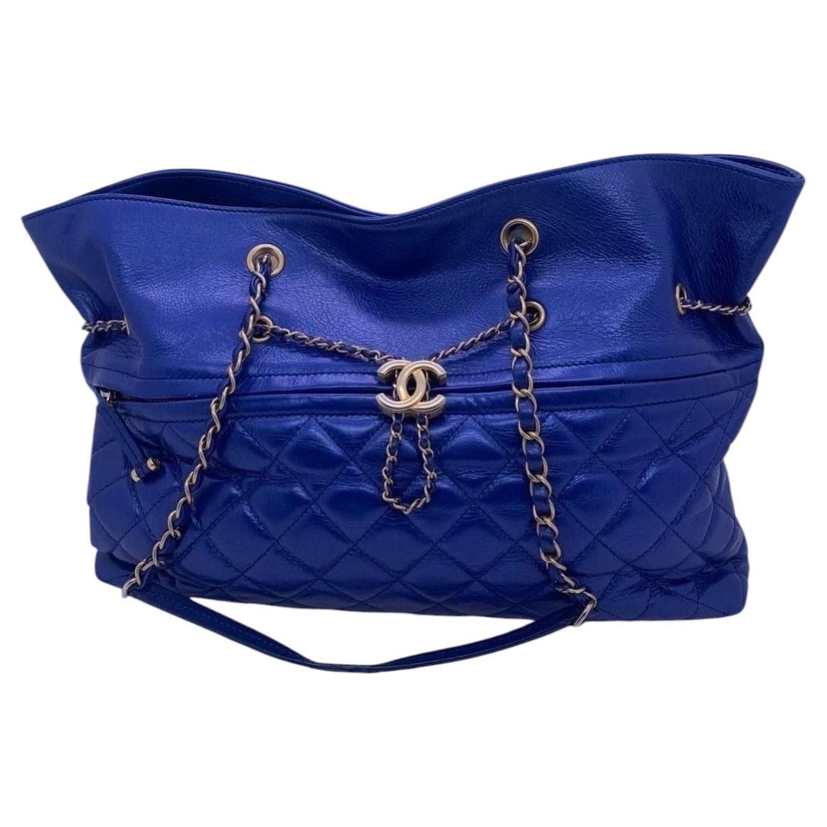 CHANEL Black Quilted Calfskin Front Zip CC Drawstring Chain Tote Bag