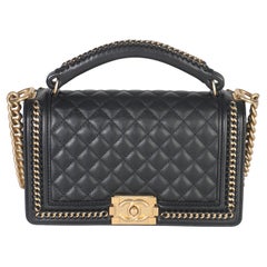 Chanel Black Quilted Calfskin Interwoven Chain Top Handle Boy Bag