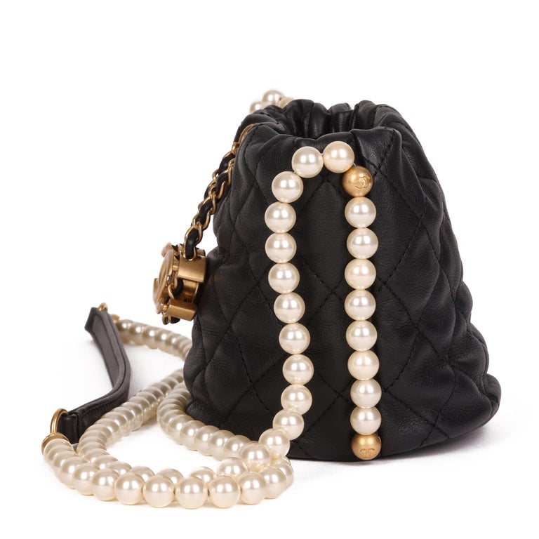 Chanel Black Quilted Calfskin Leather Pearl Micro Bucket Bag at