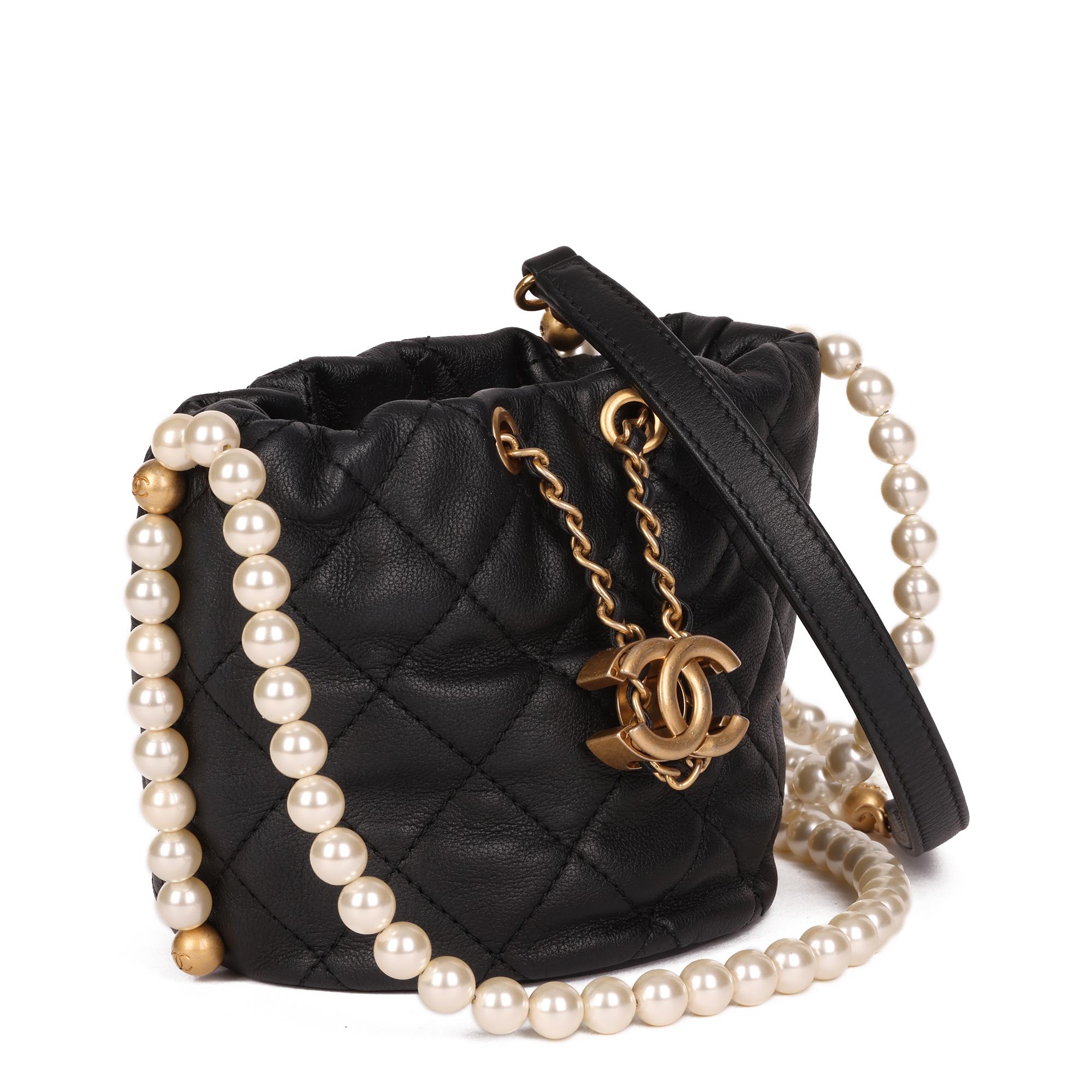 Chanel Black Quilted Calfskin Leather Pearl Micro Bucket Bag 2