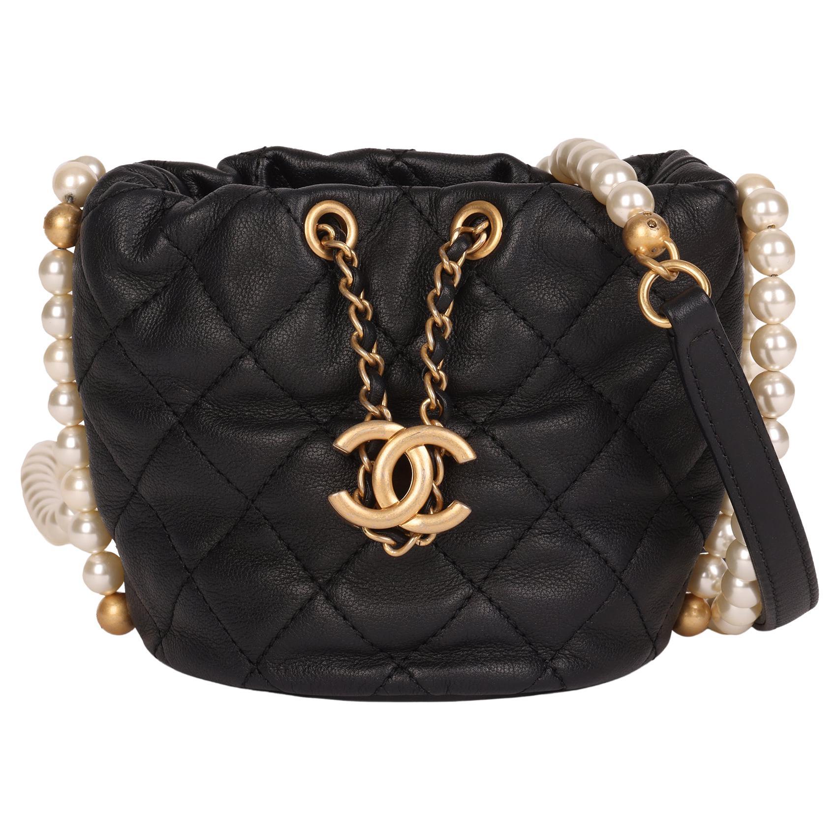 Chanel Black Quilted Calfskin Leather Pearl Micro Bucket Bag at