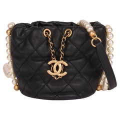Chanel Black Quilted Calfskin Leather Pearl Micro Bucket Bag