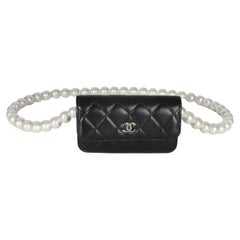 Chanel Black Quilted Calfskin Pearl Strap Mini Clutch With Chain