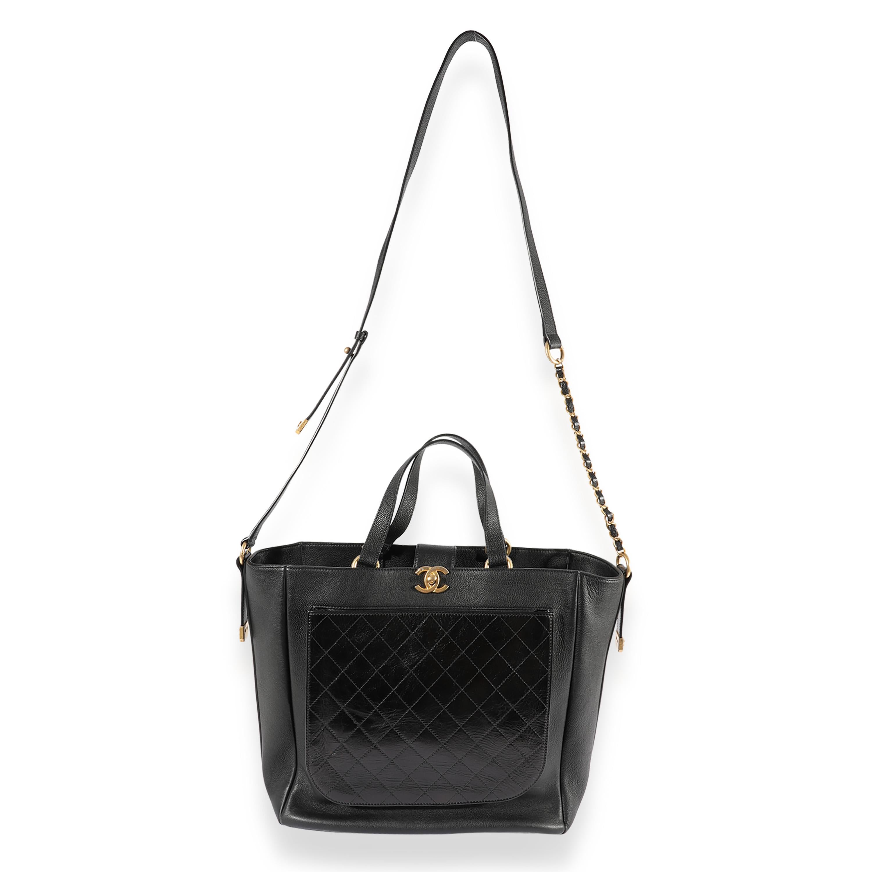 Listing Title: Chanel Black Quilted Calfskin Shopping Tote
SKU: 123011
Condition: Pre-owned 
Handbag Condition: Very Good
Condition Comments: Very Good Condition. Plastic at some hardware. Light scuffing at corners and throughout exterior. Light