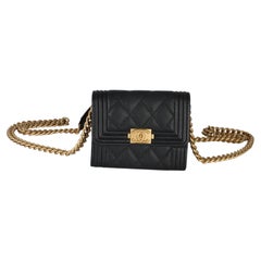 Chanel Black Quilted Caviar Boy Card Holder On Chain