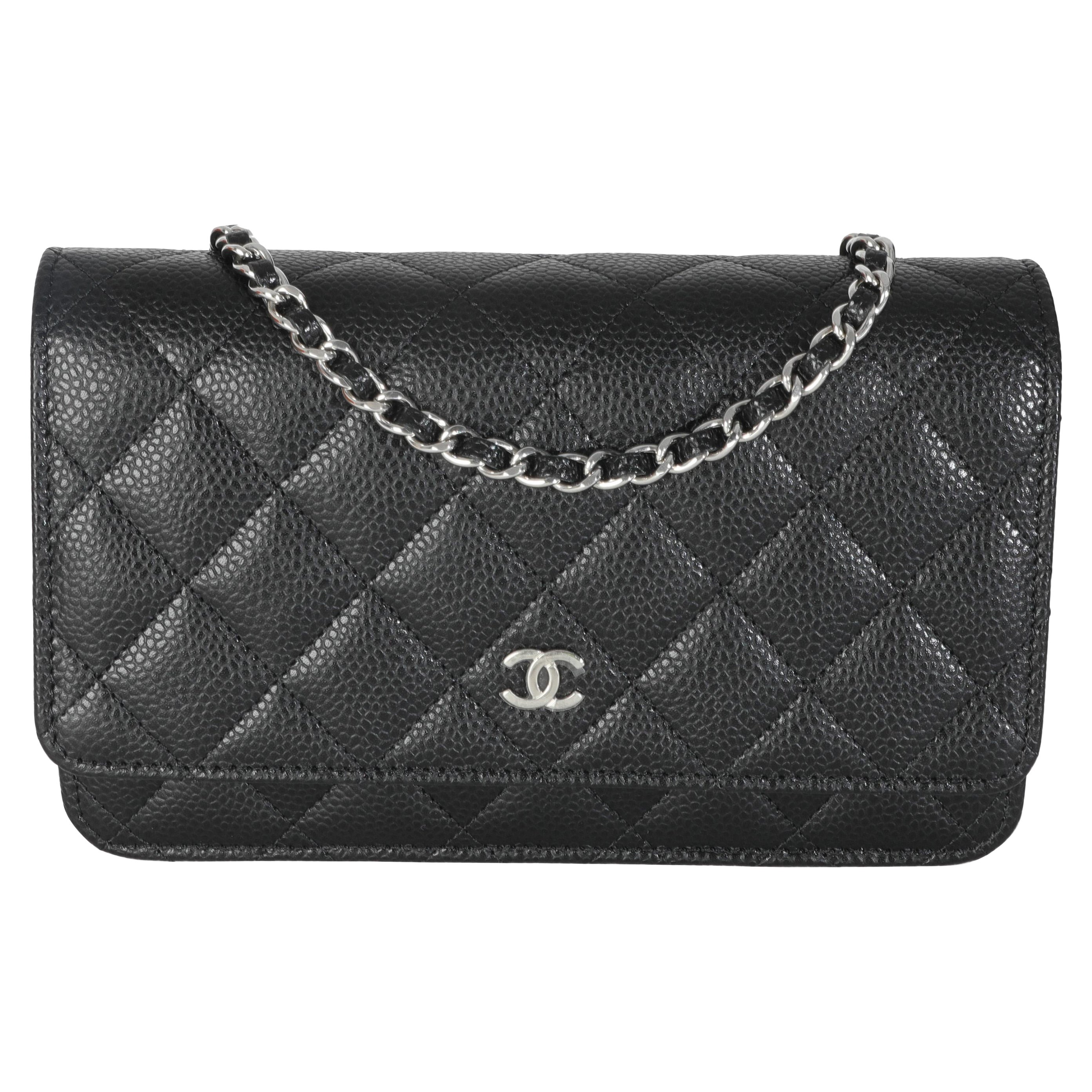 Chanel Schwarz gesteppt Kaviar Classic Brieftasche auf Kette