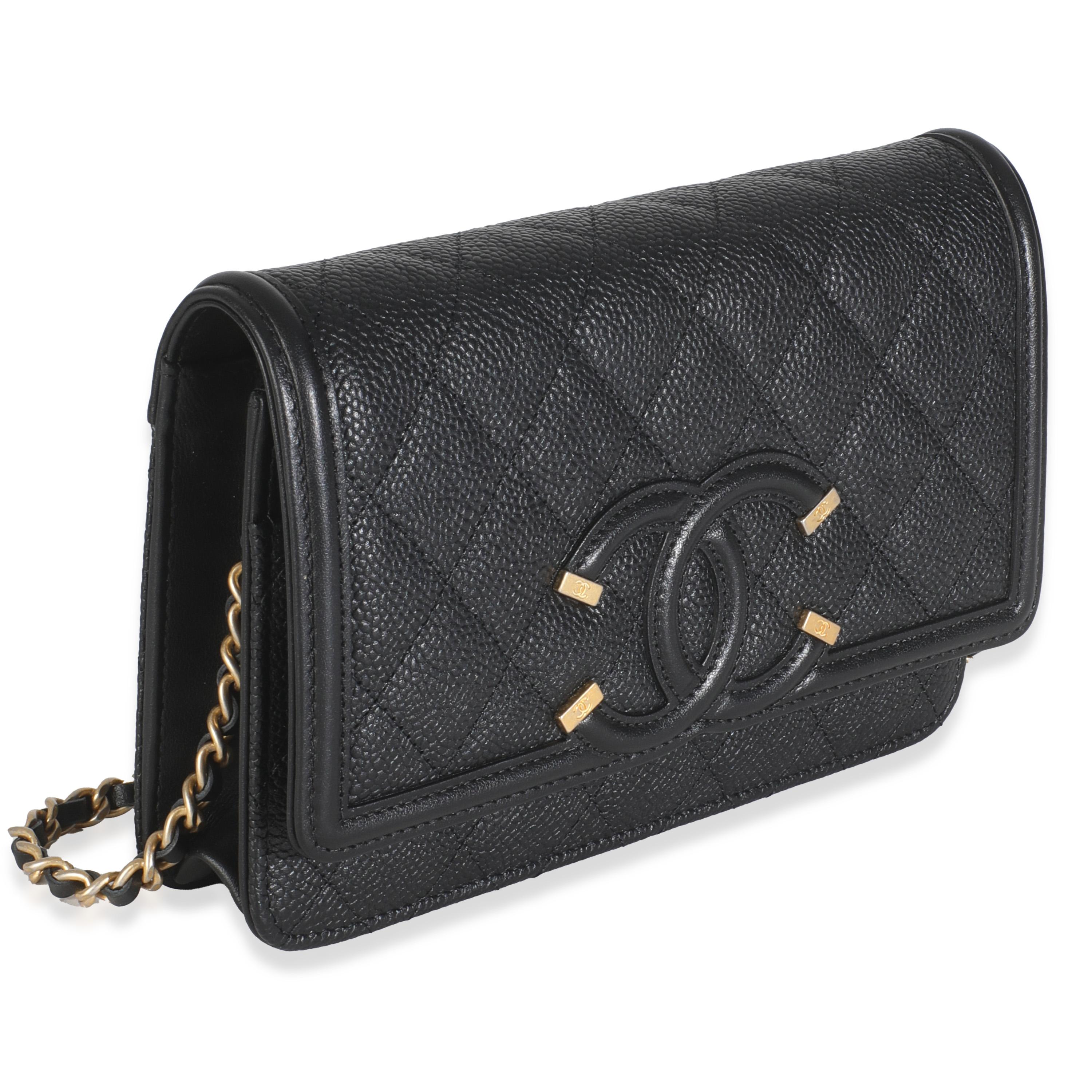 Chanel Black Quilted Caviar Filigree Wallet On Chain In Excellent Condition For Sale In New York, NY