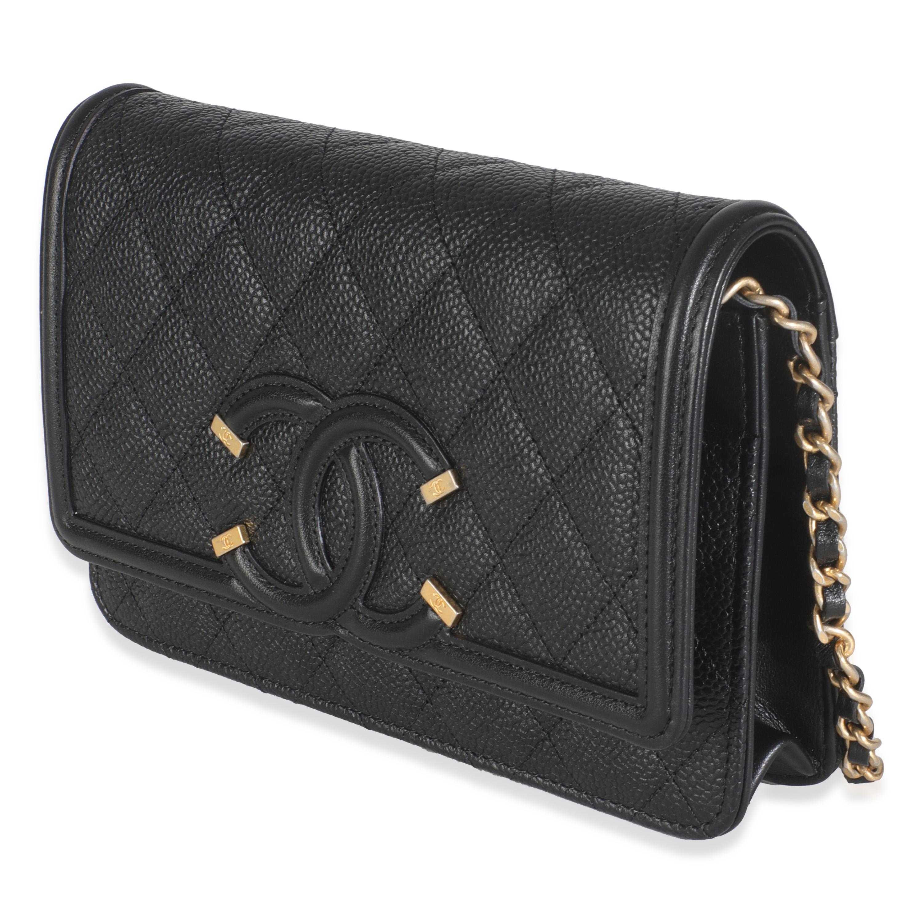 Women's or Men's Chanel Black Quilted Caviar Filigree Wallet On Chain For Sale