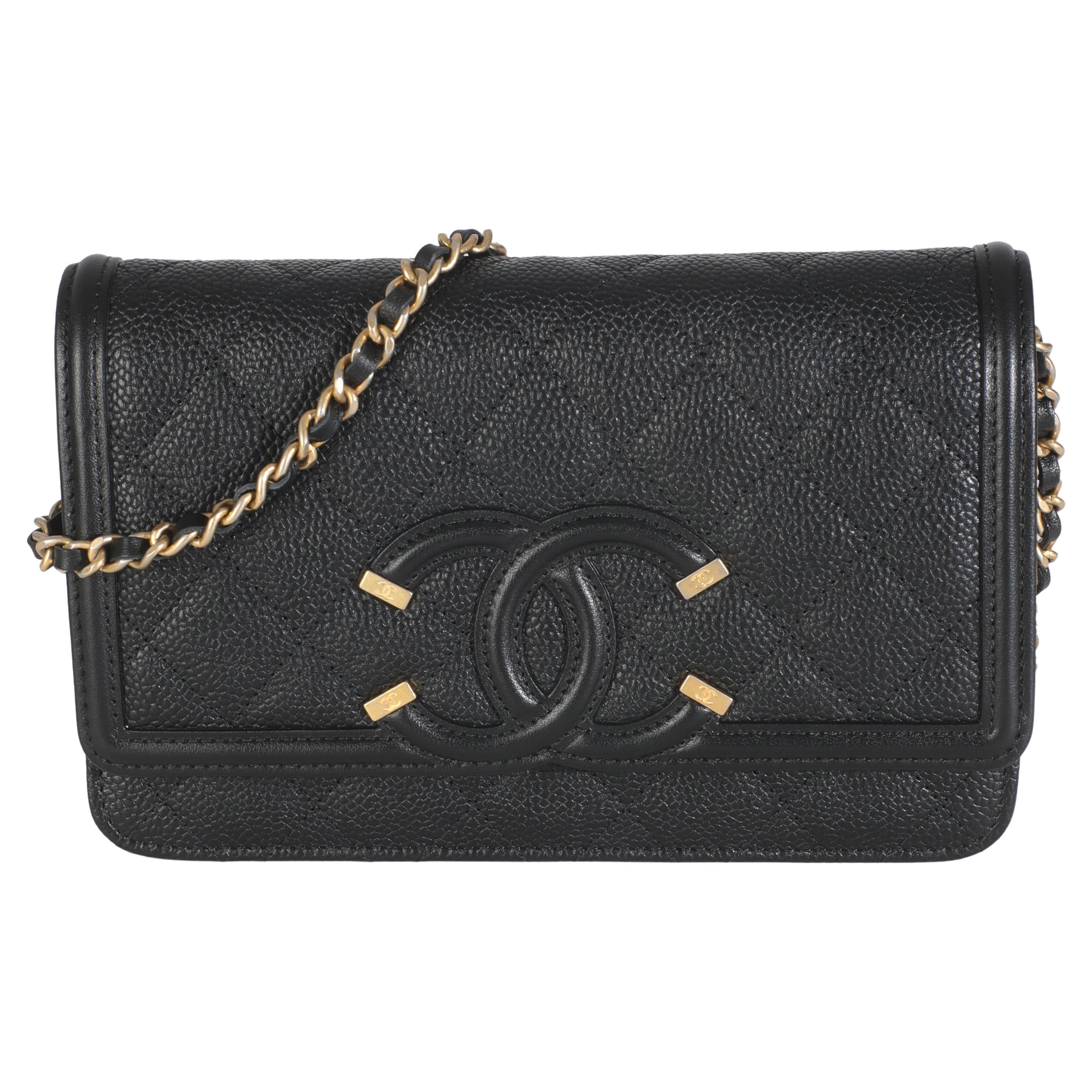Chanel Black Quilted Caviar Filigree Wallet On Chain For Sale