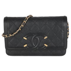 Chanel Black Quilted Caviar Filigree Wallet On Chain