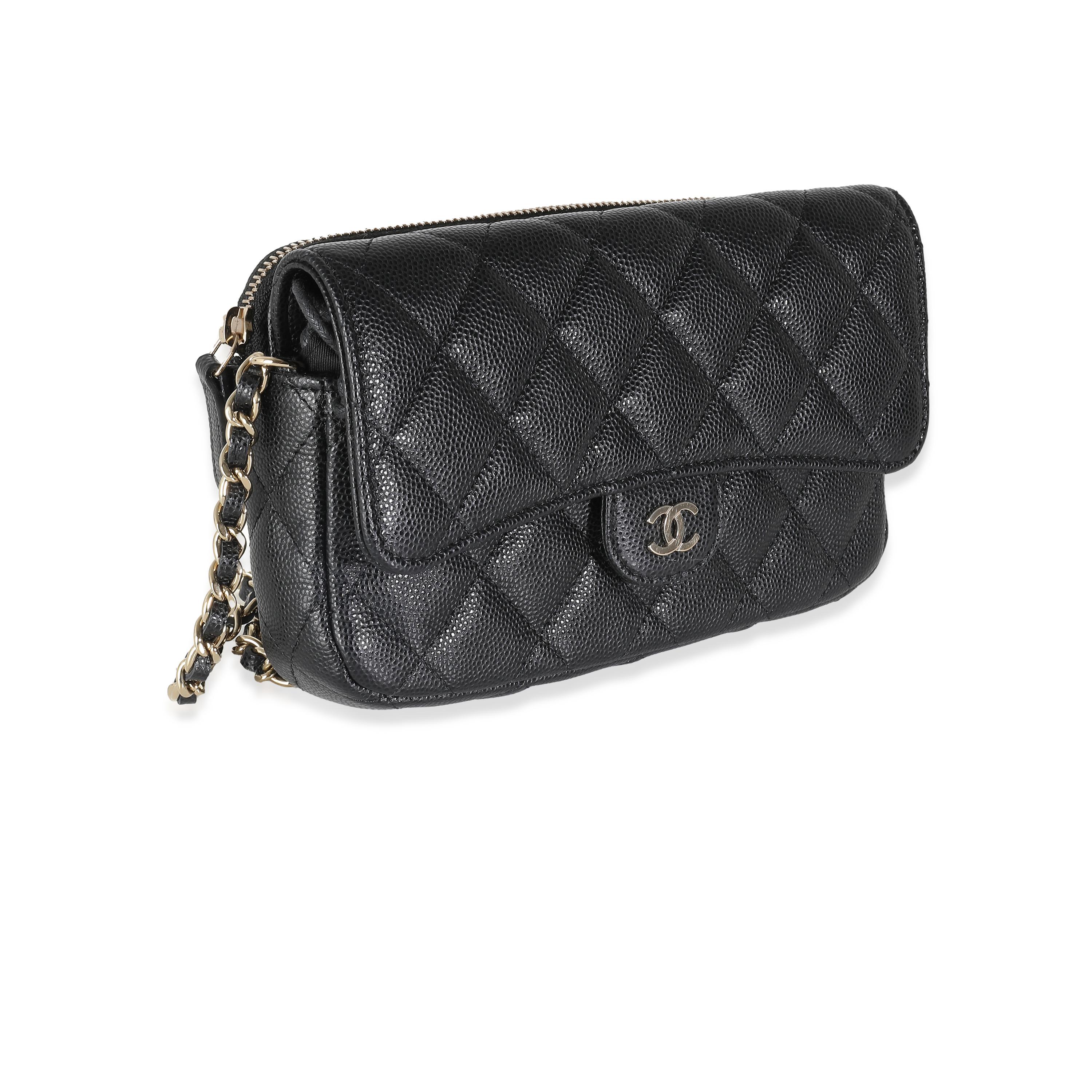 Chanel Black Quilted Caviar Flap Phone Handbag With Chain In Excellent Condition For Sale In New York, NY