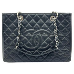 Chanel Black Quilted Caviar Grand Shopping Tote GST Bag Silver HW
