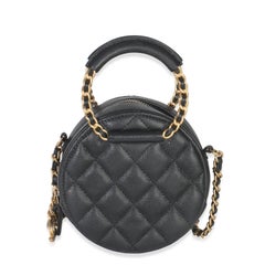 Chanel Black Quilted Caviar In The Loop Mini Round Clutch Handbag With Chain