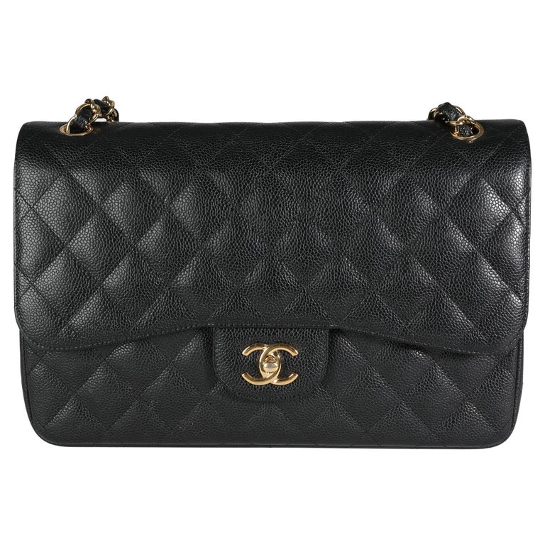 Chanel Black Quilted Caviar Jumbo Classic Double Flap Bag For Sale at