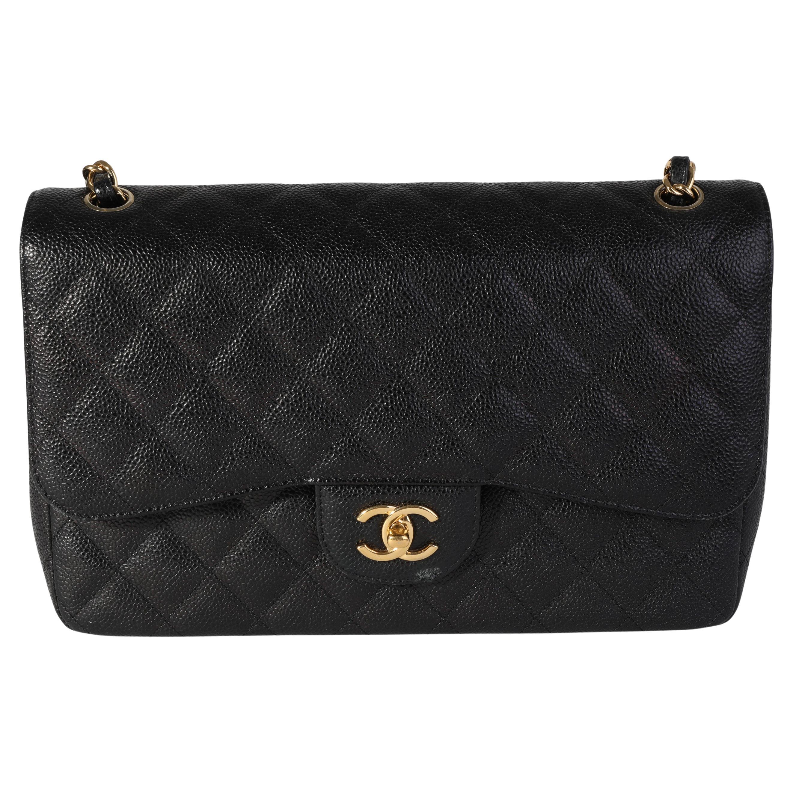 Chanel Black Quilted Caviar Jumbo Classic Double Flap Bag For Sale