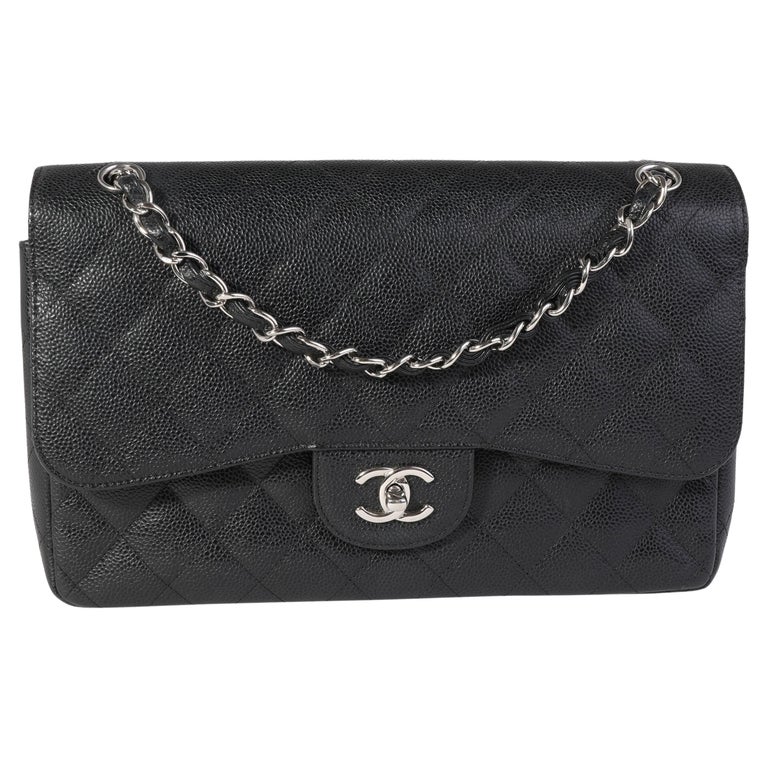 Chanel Black Quilted Caviar Jumbo Classic Double Flap Bag For Sale at