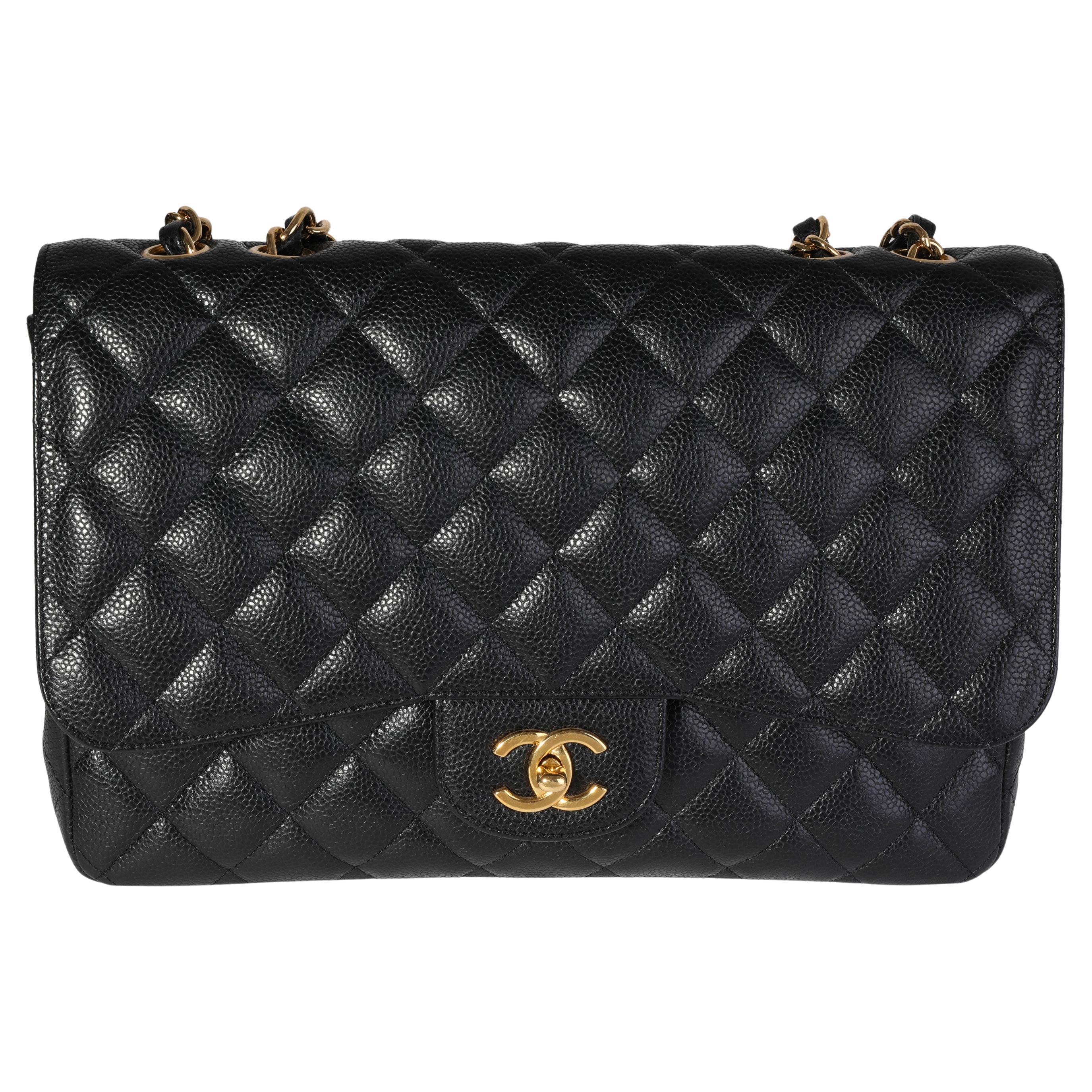 Chanel Black Quilted Caviar Jumbo Classic Single Flap Bag For Sale