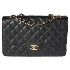 Retro Chanel Black Quilted Caviar Jumbo Classic Single Flap Bag