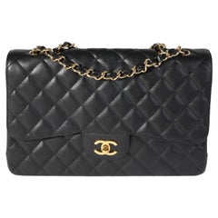 Chanel Schwarze gesteppte Jumbo Classic Single Flap Tasche in Kaviar