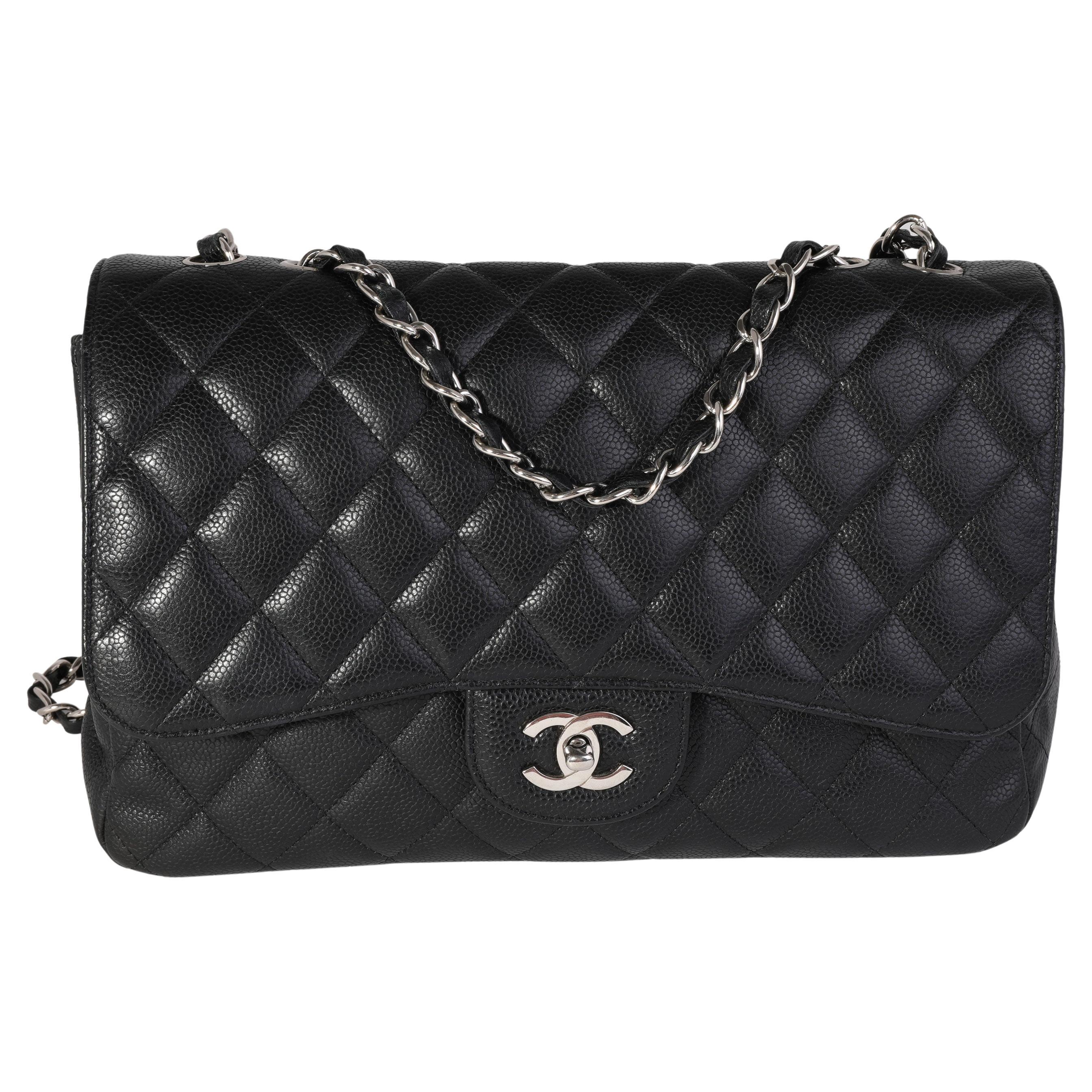 Chanel Black Quilted Caviar Jumbo Classic Double Flap Bag For Sale