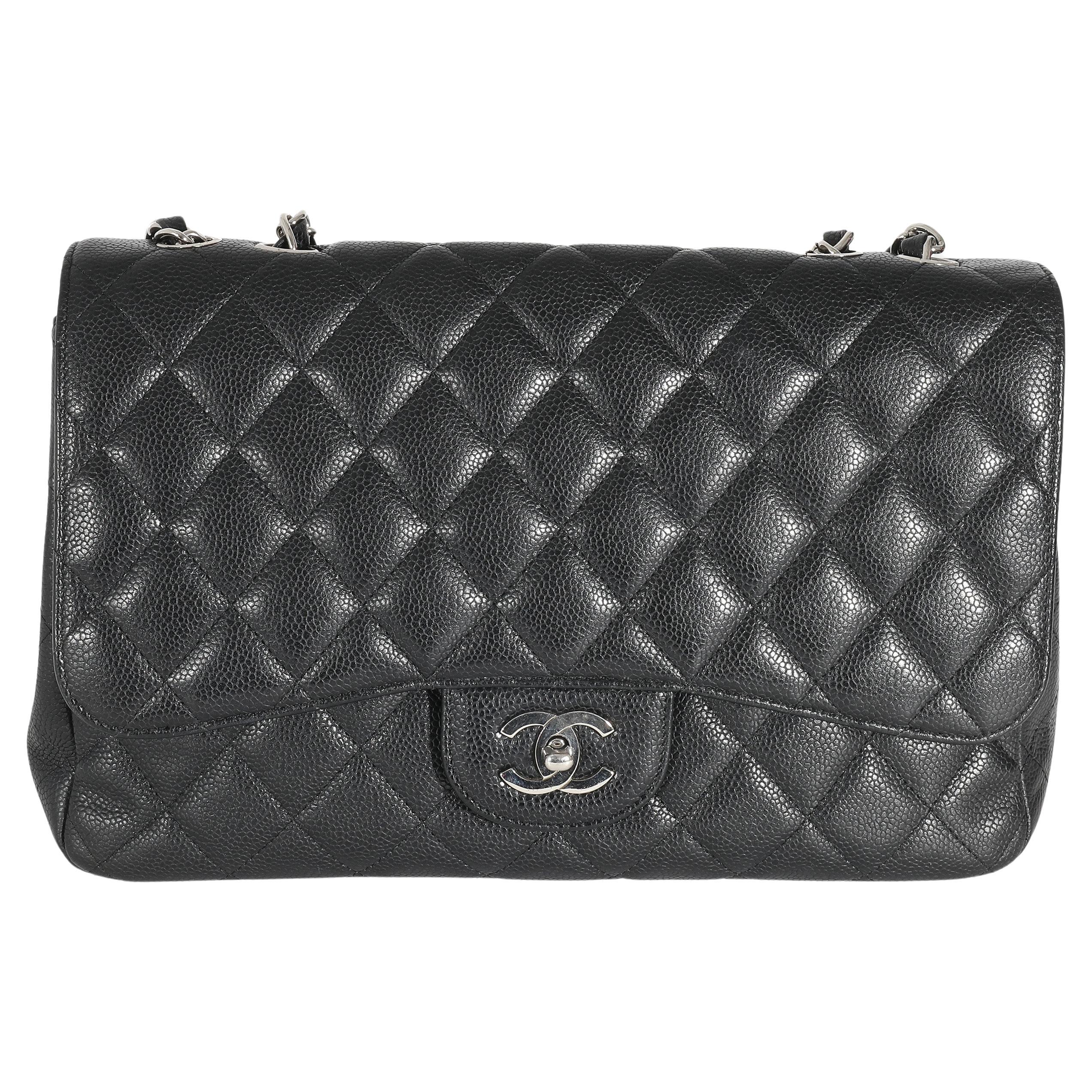 Chanel Black Quilted Caviar Jumbo Classic Single Flap For Sale