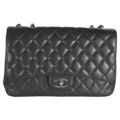 Used Chanel Black Quilted Caviar Jumbo Classic Single Flap