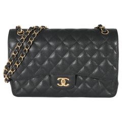 Used Chanel Black Quilted Caviar Jumbo Double Flap Bag