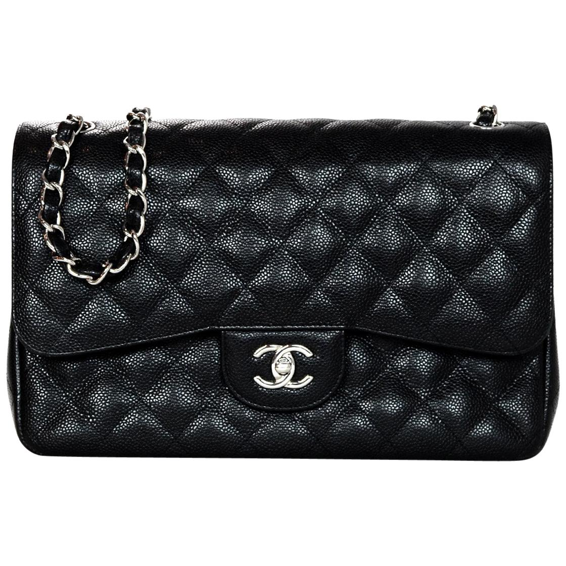 Chanel Black Quilted Caviar Leather 12" Double Flap Classic Jumbo Bag