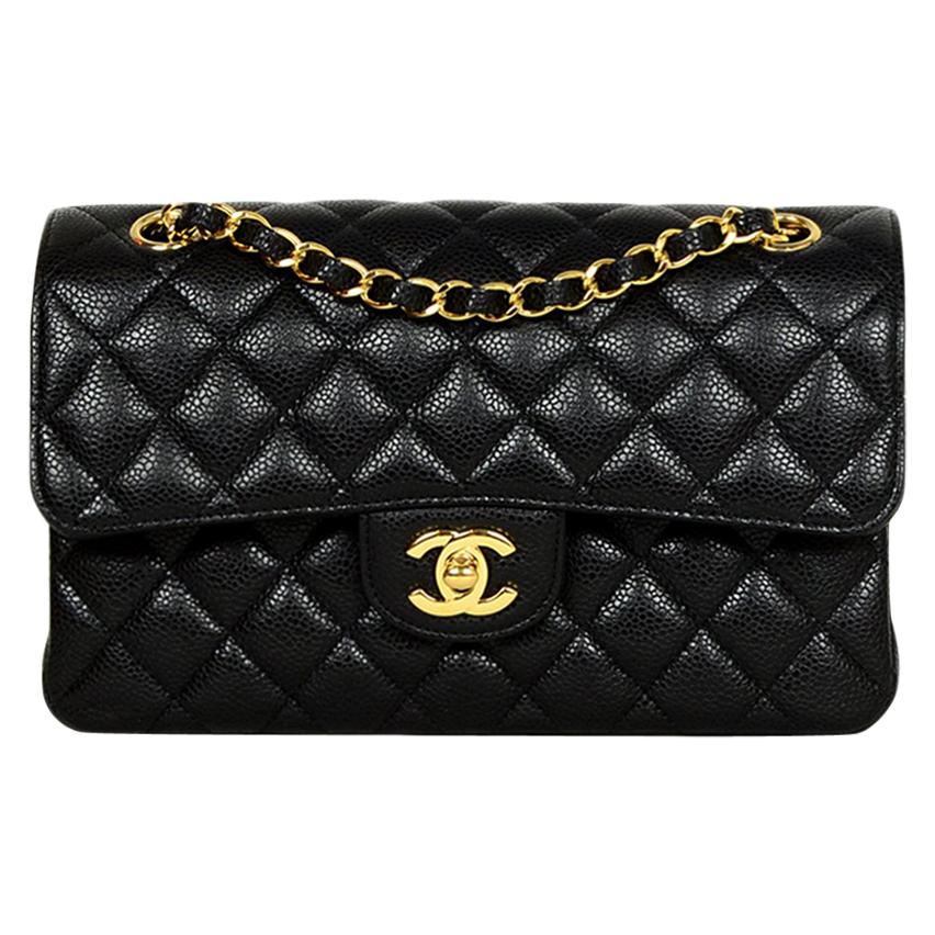 Chanel Black Quilted Caviar Leather 9" Small Double Flap Classic Bag w/ GHW